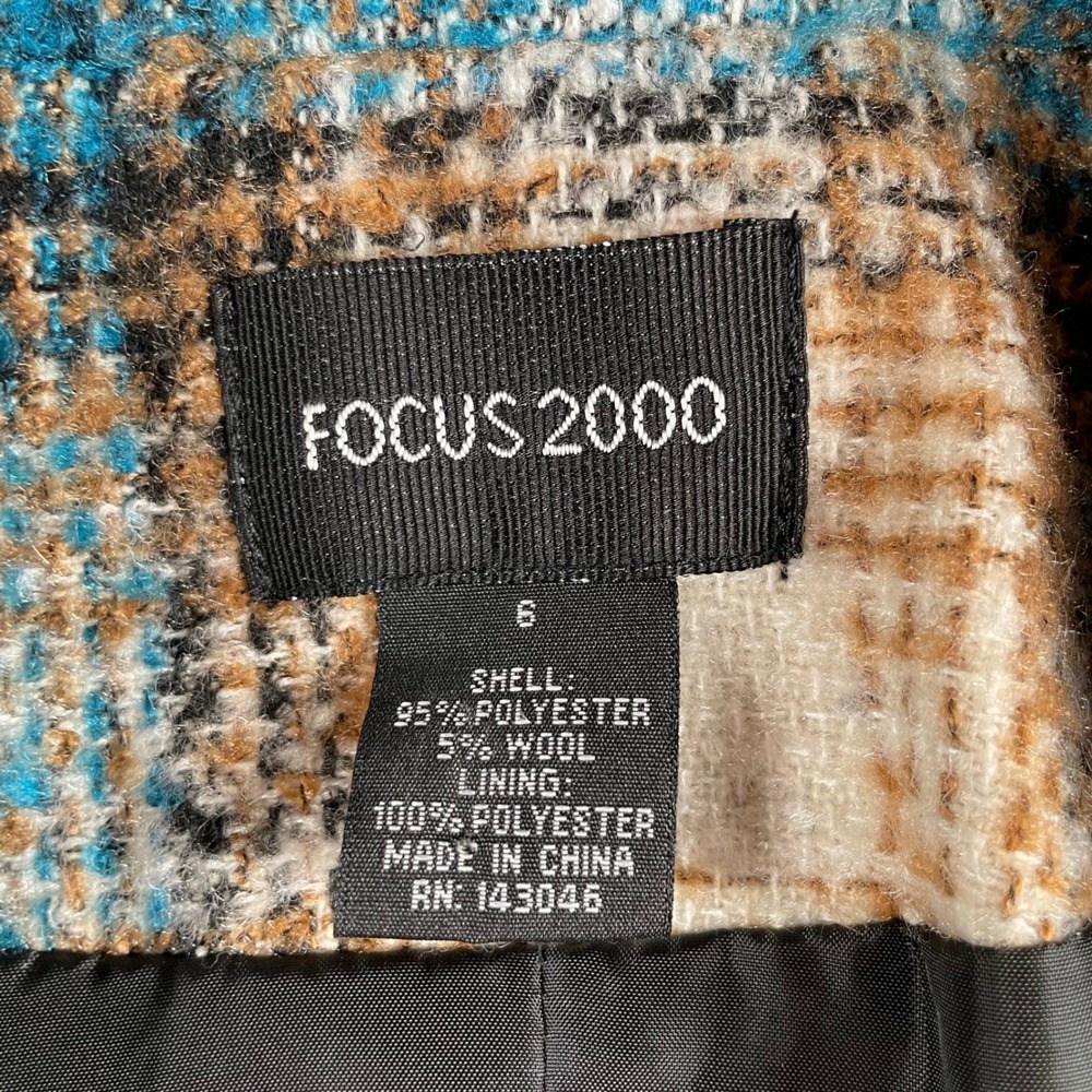 FOCUS 2000 Women's Plaid Blazer Jacket Teal Blue Brown Tweed Wool Blend Size‎ 6 - Picture 2 of 7